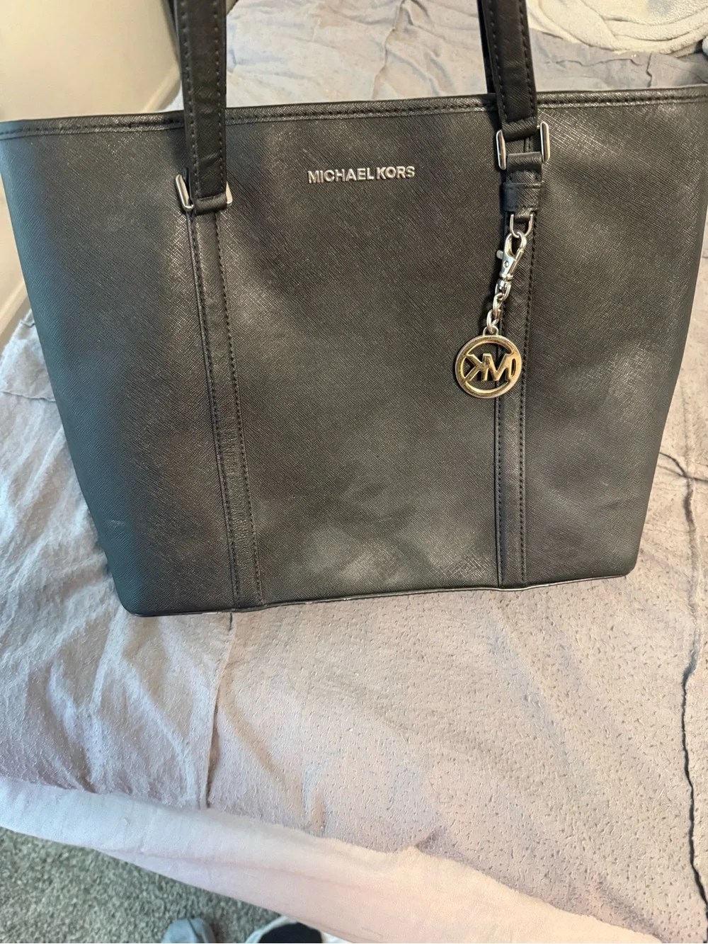 Michael Kors Black Saffiano Leather Tote with Gold MK Charm